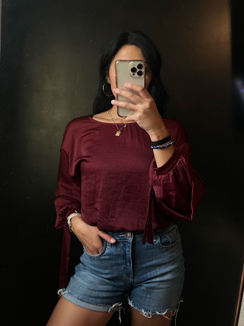 Womens Satin Tie-Cuff Blouse - Burgundy